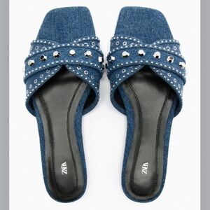 Zara Women’s Studded Denim Mule Sandals Size 40/ US 9